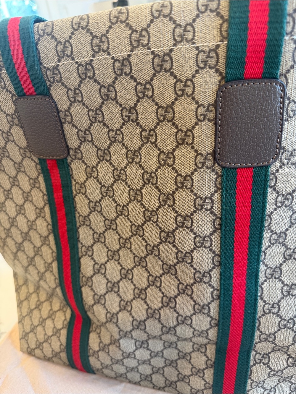 “Gucci” Beige GG Canvas Tote with Green and Red Web Straps - Picture 4 of 11